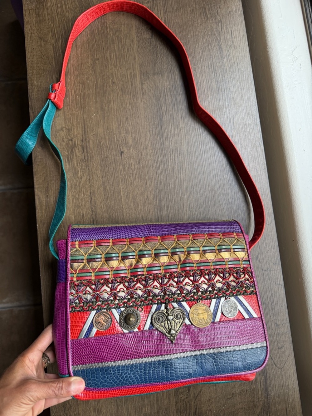 Vintage Sharif Leather Crossbody Bag Multi Color Lizard Embossed Boho Artisan